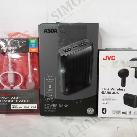 BOX OF APPROXIMATELY 20 ASSORTED ELECTRICAL ITEMS TO INCLUDE JVC TRUE WIRELESS EARBUDS, ASDA TECH POWER BANK, BLACKWEB SYNC AND CHARGE CABLE, ETC