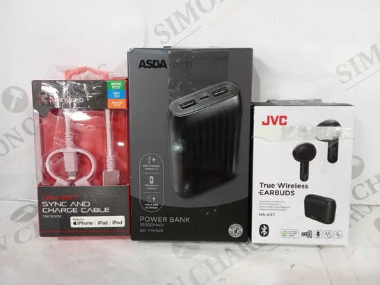 BOX OF APPROXIMATELY 20 ASSORTED ELECTRICAL ITEMS TO INCLUDE JVC TRUE WIRELESS EARBUDS, ASDA TECH POWER BANK, BLACKWEB SYNC AND CHARGE CABLE, ETC