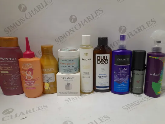 LOT OF APPROX 10 ASSORTED HAIRCARE PRODUCTS TO INCLUDE REVOLUTION MOURISHING HAIR MASK, REDKEN CONDITIONER, JOHN FRIEDA STYLING SPRAY, ETC