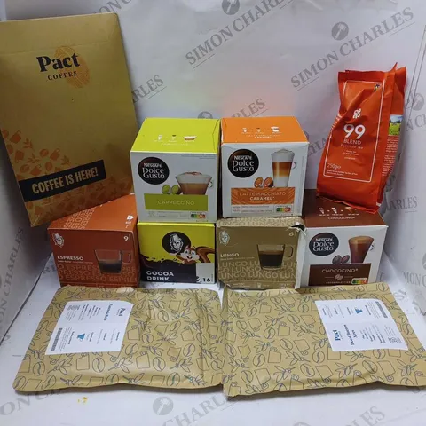 LOT OF APPROXMATELY 10 ITEMS TO INCLUDE DOLCE GUSTO LATTE MACCHIATO CARAMEL PODS (8x), PACT COFFEE DECAF BUENOS AIRES DARK (250g), DOLCE GUSTO CHOCOCINO PODS (8x), ETC