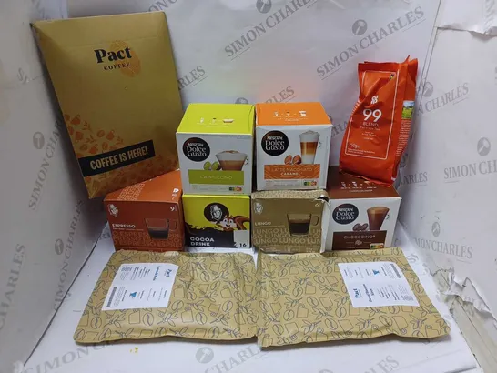 LOT OF APPROXMATELY 10 ITEMS TO INCLUDE DOLCE GUSTO LATTE MACCHIATO CARAMEL PODS (8x), PACT COFFEE DECAF BUENOS AIRES DARK (250g), DOLCE GUSTO CHOCOCINO PODS (8x), ETC