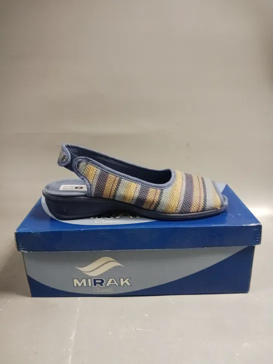 BOXED PAIR OF MIRAK CLASSIC OPEN TOE SLIP ON SANDLES IN BLUE - SIZE 5