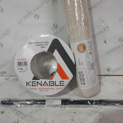 BOX OF APPROXIMATELY 10 ASSORTED HOUSEHOLD ITEMS TO INCLUDE KENABLE OUTDOOR ETHERNET CABLE REEL, SCHONER WOHNEN ROLL OF WALLPAPER, AXLE KIT FOR EVENGREEN DROP SPREADER, ETC