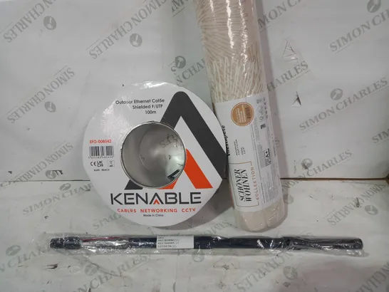 BOX OF APPROXIMATELY 10 ASSORTED HOUSEHOLD ITEMS TO INCLUDE KENABLE OUTDOOR ETHERNET CABLE REEL, SCHONER WOHNEN ROLL OF WALLPAPER, AXLE KIT FOR EVENGREEN DROP SPREADER, ETC