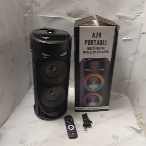 BOXED PORTABLE MULTIMEDIA WIRELESS SPEAKER - MODEL A76 - WITH REMOTE CONTROL AND CARRY STRAP