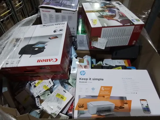 PALLET OF ASSORTED TECH ITEMS TO INCLUDE HP DESKJET PRINTER, SHARP SPEAKERS AND DVD PLAYER