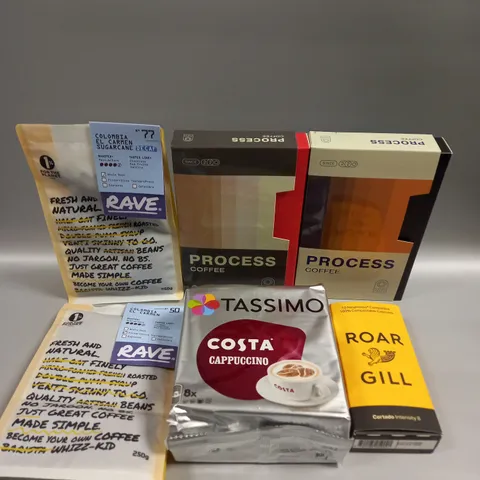 9 X ASSORTED COFFEE PRODUCTS TO INCLUDE RAW, ROAR GILL, TASSIMO ETC