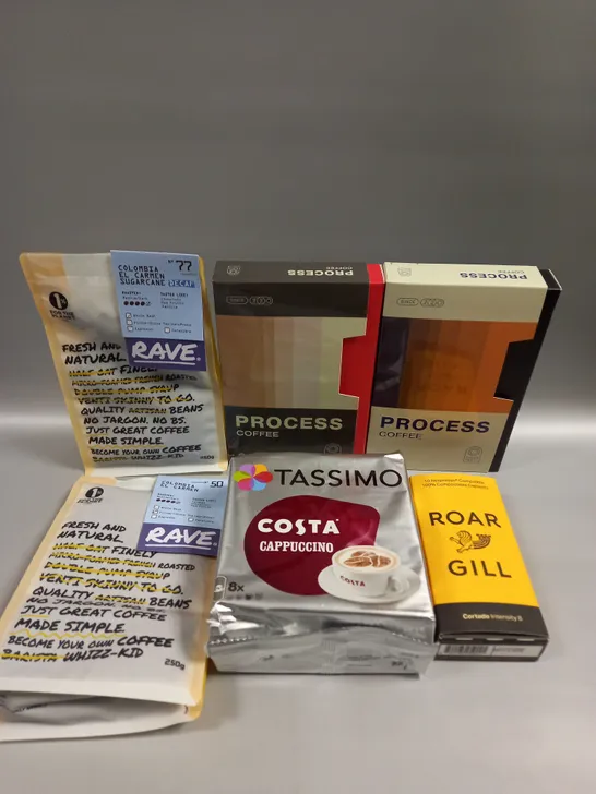 9 X ASSORTED COFFEE PRODUCTS TO INCLUDE RAW, ROAR GILL, TASSIMO ETC