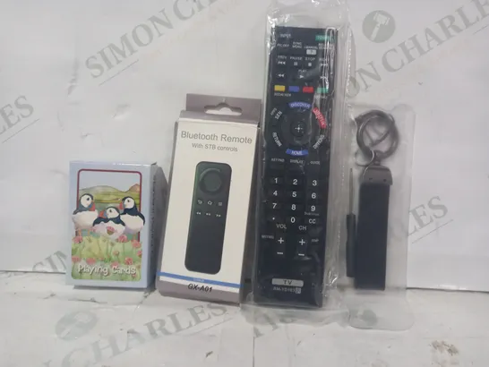 LOT OF APPROXIMATELY 15 ASSORTED HOUSEHOLD ITEMS TO INCLUDE TV REMOTE, BLUETOOTH REMOTE WITH STB CONTROLS, PLAYING CARDS, ETC