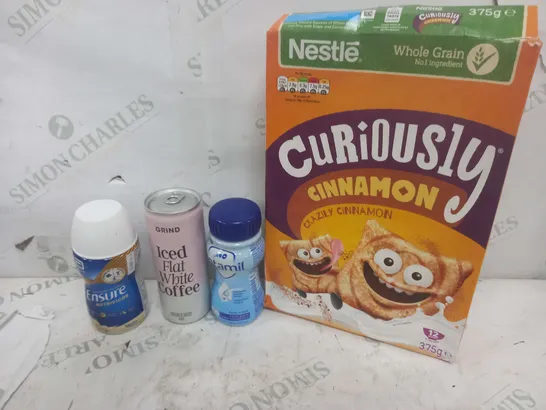 APPROXIMATELY 18 ASSORTED FOOD & DRINK PRODUCTS TO INCLUDE CURIOUSLY CINNAMON (375g), GRIND ICED FLAT WHITE VCOFFEE DOUBLE SHOT (250ml), ABBOTT ENSURE NUTRIVIGOR (220ml), ETC