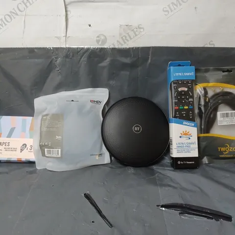 BOX OF APPROXIMATELY 10 ASSORTED ITEMS TO INCLUDE - SMASH REMOTE FOR PANASONIC , BT WIFI DISC , BLUE TAPE ETC