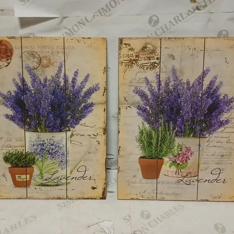 BRAND NEW THE PURE BLUE PAIR OF ANTIQUE VINTAGE STYLE PRINTS ON WOODEN BACKING BOARDS, LAVENDER