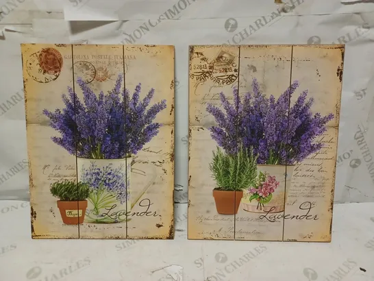 BRAND NEW THE PURE BLUE PAIR OF ANTIQUE VINTAGE STYLE PRINTS ON WOODEN BACKING BOARDS, LAVENDER