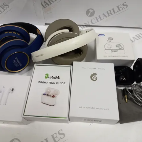 LOT OF 7 ASSORTED AUDIO ITEMS TO INCLUDE WIRELESS EARBUDS AND SEINHEISSER HEADPHONES