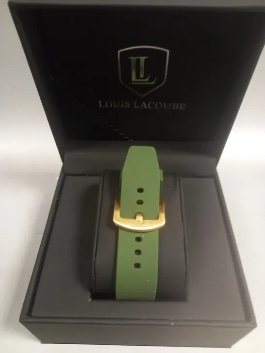 LOUIS LACOMBE MENS CHRONOGRAPH WATCH WITH 3 SUB DIALS AND GOLD COLOUR CASE WITH GREEN RUBBER STRAP IN BOX RRP £380