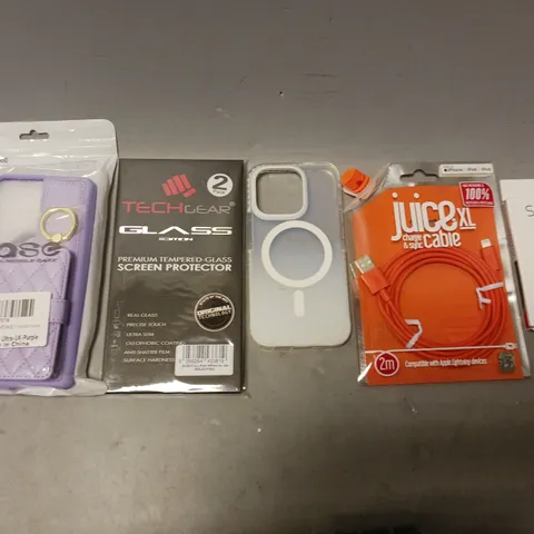 BOX OF APPROXIMATELY 16 ASSORTED ITEMS TO INCLUDE - SUPER BAR PHONE HOLDER , JUICEXL CABLE , PHONE CASE ETC