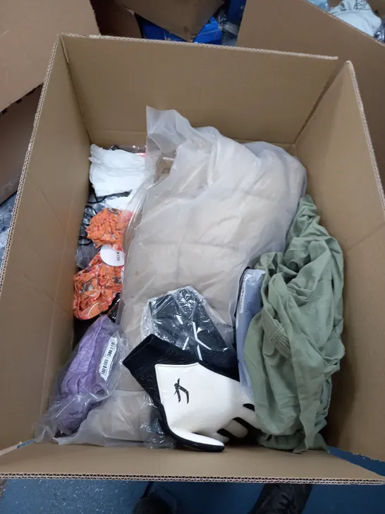 BOX OF ASSORTED CLOTHING ITEMS TO INCLUDE SOCKS, TOPS, COATS ETC