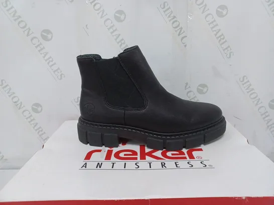 BOXED PAIR OF RIEKER CHUNKY ANKLE BOOTS IN BLACK - SIZE 6