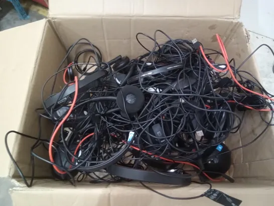 BOX OF ASSORTED HEADSETS & COMPUTER MICE