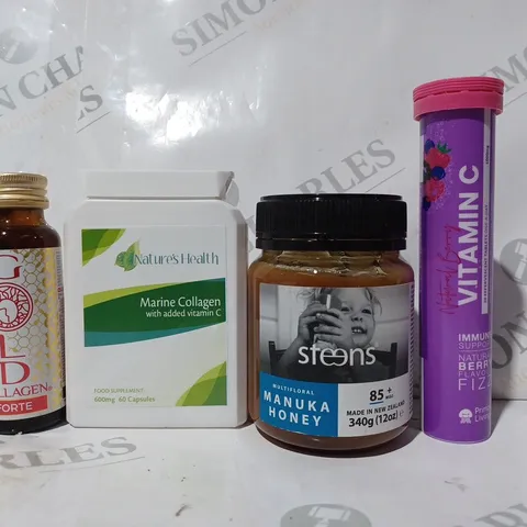 APPROXIMATELY 10 ASSORTED FOOD & DRINK ITEMS TO INCLUDE PRIMAL LIVING VITAMIN C, STEENS MANUKA HONEY, MARINE COLLAGEN, ETC