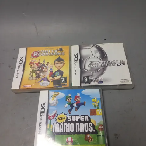 LOT OF 3 NINTENDO DS GAMES TO INCLUDE SUPER MARIO BROS AND MEET THE ROBINSONS ETC