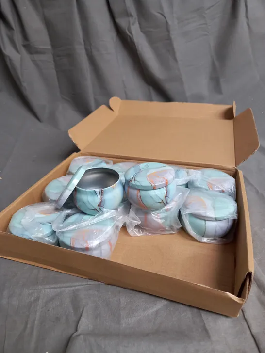 BOX OF 12 CYLINDRICAL METAL CONTAINERS IN TURQUOISE MARBLE