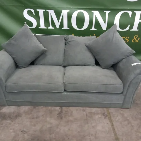 DESIGNER GREY FABRIC TWO SEATER SOFA WITH SCATTER CUSHIONS