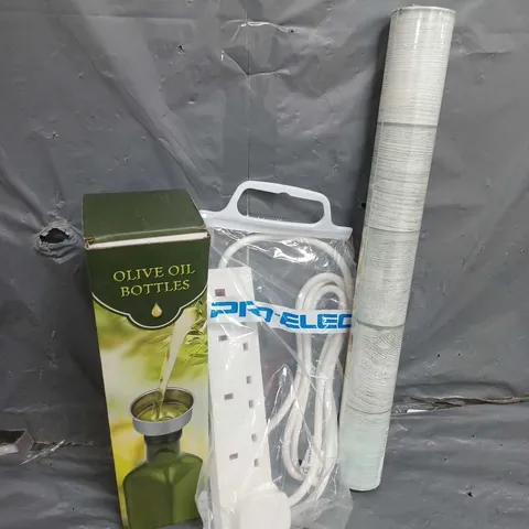 APROXIMATELY 20 ASSORTED HOUSEHOLD ITEMS TO INCLUDE WALLPAPER, OLIVE OIL BOTTLES, EXTENSION LEAD, ETC