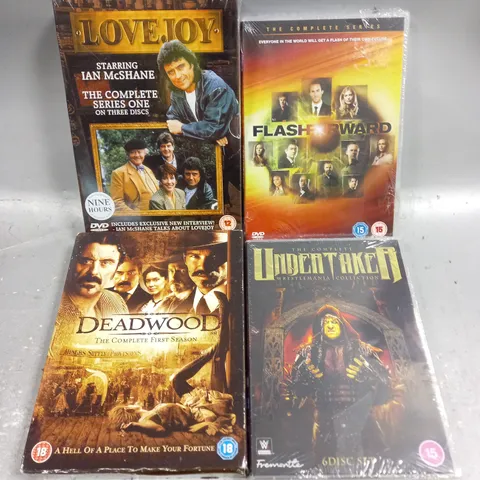 APPROXIMATELY 10 ASSORTED MEDIA PRODUCTS TO INCLUDE FLASHFORWARD, DEADWOOD, LOVE JOY ETC 