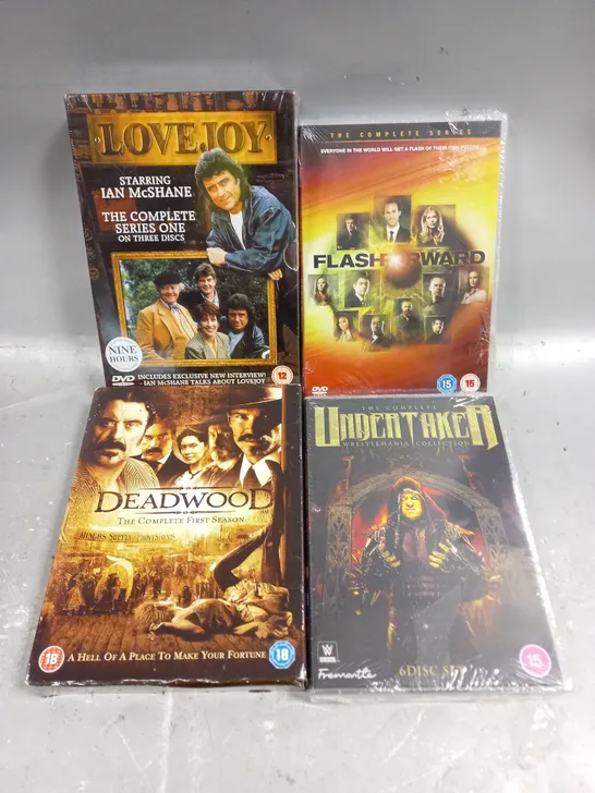 APPROXIMATELY 10 ASSORTED MEDIA PRODUCTS TO INCLUDE FLASHFORWARD, DEADWOOD, LOVE JOY ETC 