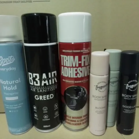 LOT OF 18 ASSORTED AEROSOLS TO INCLUDE TRIM-FIX ADHESIVE, DEODORANT AND AIR SANITISER / COLLECTION ONLY