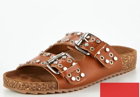 BRAND NEW HYRA LEATHER STUDDED FOOTBED SANDAL - TAN SIZE 8 RRP £40