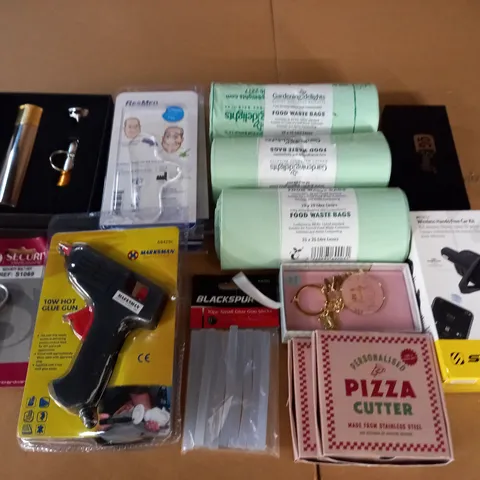 LOT OF ASSORTED HOUSEHOLD ITEMS TO INCLUDE RECYCLE BAGS, PIZZA CUTTERS AND HANDWARMERS