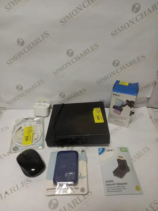 BOX OF APPROXIMATELY 10 ASSORTED ELECTRICAL PRODUCTS TO INCLUDE DVD PLAYER, WIRELESS MOUSE, UNIVERSAL WINDSHIELD MOUNT ETC 