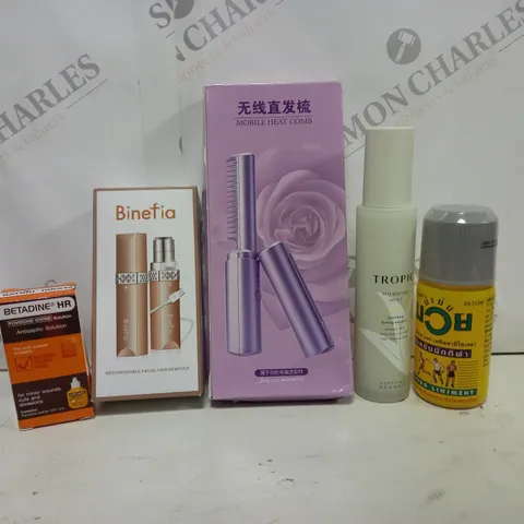 BOX OF APPROX 10 ASSORTED HEALTH AND BEAUTY ITEMS TO INCLUDE - BINEFIA HAIR REMOVER - MOBILE HEAT COMB - TROPIC MORNING MIST ETC