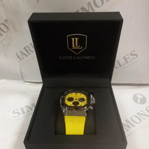 MENS LOUIS LACOMBE CHRONGRAPH WATCH – 3 SUB DIALS – SILVER COLOUR CASE – YELLOW RUBBER STRAP 