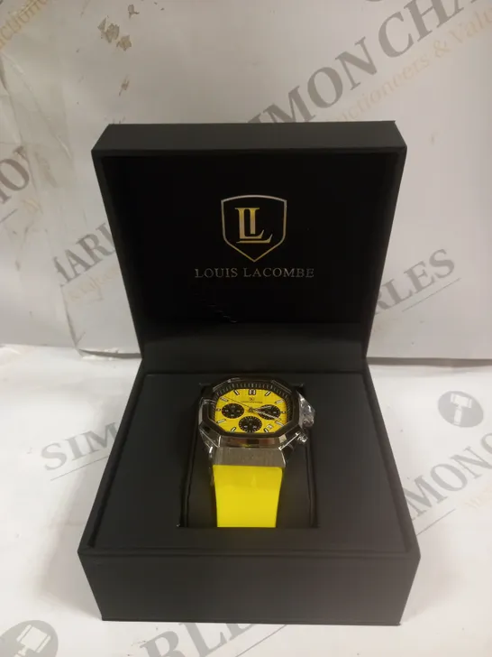 MENS LOUIS LACOMBE CHRONGRAPH WATCH – 3 SUB DIALS – SILVER COLOUR CASE – YELLOW RUBBER STRAP 