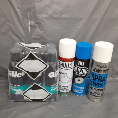 APPROXIMATELY 12 ASSORTED AEROSOLS TO INCLUDE GILLETTE SHAVING GEL , SPRAY ADHESIVE  ETC. 