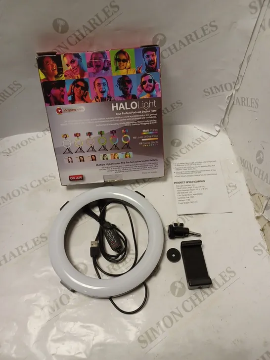 BOXED HALO 8" RGB LED RING LIGHT WITH PHONE MOUNT, USB CABLE AND INSTRUCTIONS