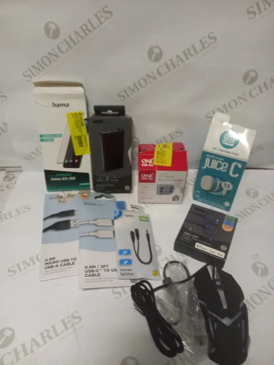 BOX OF APPROXIMATELY 20 ASSORTED ELECTRICAL PRODUCTS TO INCLUDE USB MOUSE, POWER BANK, CHARGING CABLES ETC 