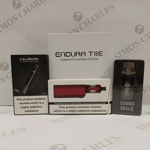 APPROXIMATELY 20 ASSORTED VAPING PRODUCTS AND ACCESSORIES TO INCLUDE INNOKIN ENDURA T183, COMBO RDTA II, INNOKIN EZ.WATT, UWELL CALIBURN A2 POD SYSTEM ETC.