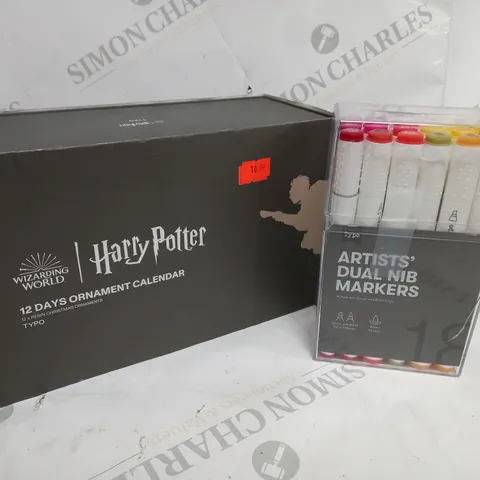 APPROXIMATELY 2 COTTON ON ITEMS INCLUDING HARRY POTTER 12 CHRISTMAS ORNAMENTS AND ARTISTS DUAL NIB MARKERS