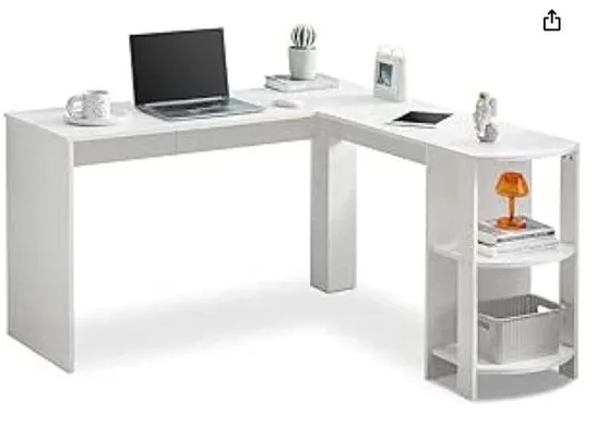 BOXED OFCASA L SHAPED DESK FOR HOME WORKING GAMING WHITE CORNER COMPUTER DESK WITH 2 TIERS OPENED BOOKSHELVES 