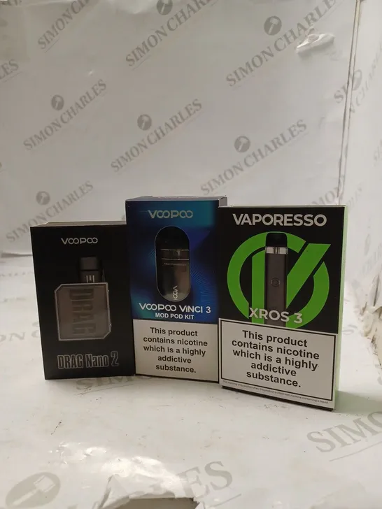 LOT OF THREE TO INCLUDE VAPORESSO XROS 3 , VOOPOO VINCI 3 MOD POD KIT , ETC