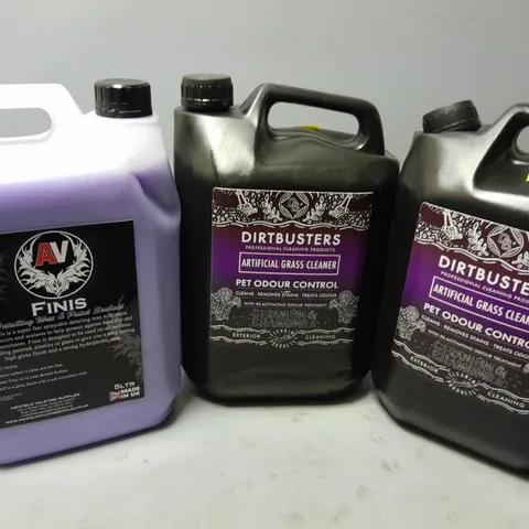 3 ASSORTED LIQUIDS TO INCLUDE 2 DIRTBUSTERS GRASS CLEANER PET ODOUR CONTROL (5L), AV FINIS DETAILING WAX & PAINT SEALANT (5L) - COLLECTION ONLY