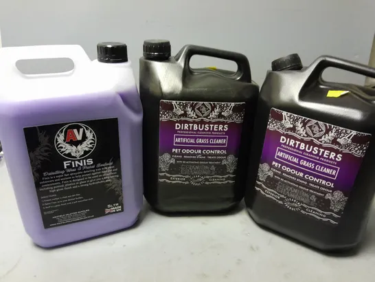 3 ASSORTED LIQUIDS TO INCLUDE 2 DIRTBUSTERS GRASS CLEANER PET ODOUR CONTROL (5L), AV FINIS DETAILING WAX & PAINT SEALANT (5L) - COLLECTION ONLY