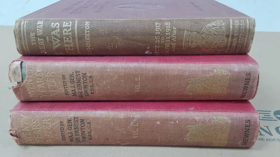 LOT OF 3 VINTAGE WAR BOOKS TO INCLUDE TWENTY YEARS AFTER THE BATTLEFIELD OF 1914-18 THEN AND NOW VOL 1&2 AND THE GREAT WARI WAS THERE VOLUME 3