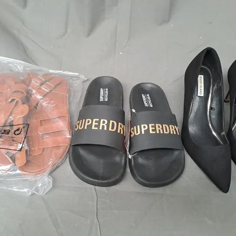 BOX OF APPROXIMATELY 15 ASSORTED PAIRS OF SHOES AND FOOTWEAR ITEMS IN VARIOUS STYLES AND SIZES TO INCLUDE SUPERDRY, RIVER ISLAND, ETC