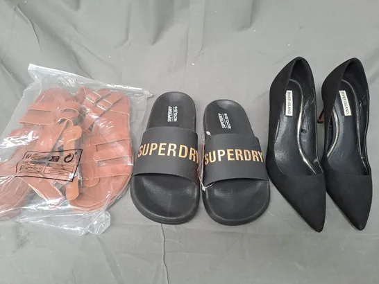 BOX OF APPROXIMATELY 15 ASSORTED PAIRS OF SHOES AND FOOTWEAR ITEMS IN VARIOUS STYLES AND SIZES TO INCLUDE SUPERDRY, RIVER ISLAND, ETC