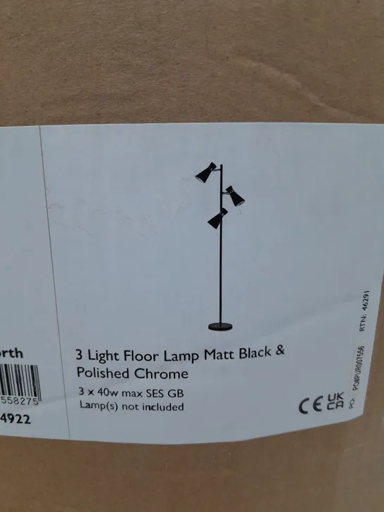 BOXED ASHWORTH 3 LIGHT FLOOR LAMP MATT BLACK & POLISHED CHROME